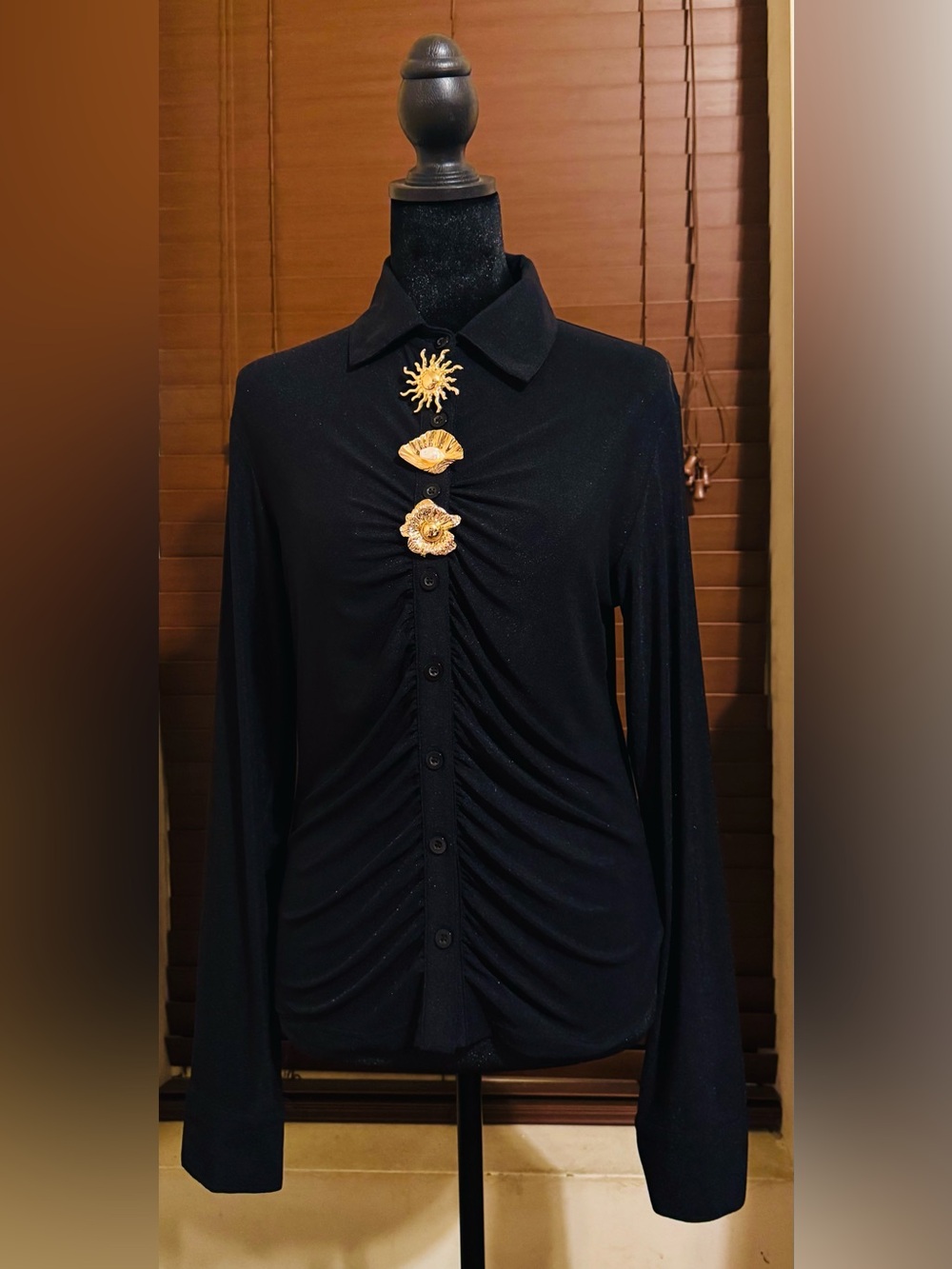 Limited Design 7Mango7  Black Shimmer Ruched Collared Button-Down Gold Accent